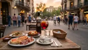 Mesa con tapas y vermut en una calle de Barcelona
