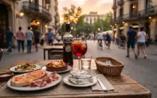 Mesa con tapas y vermut en una calle de Barcelona