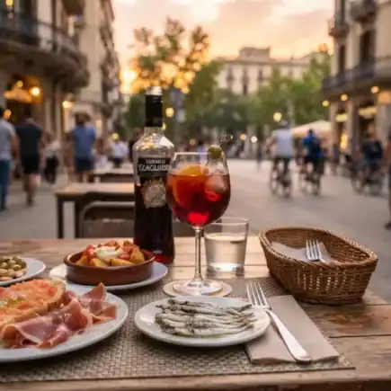 Mesa con tapas y vermut en una calle de Barcelona