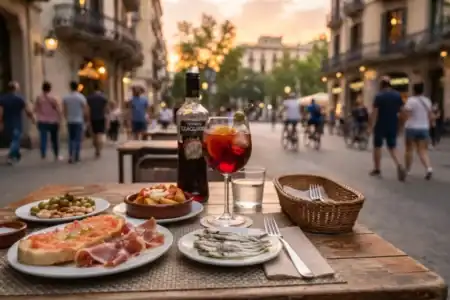 Mesa con tapas y vermut en una calle de Barcelona