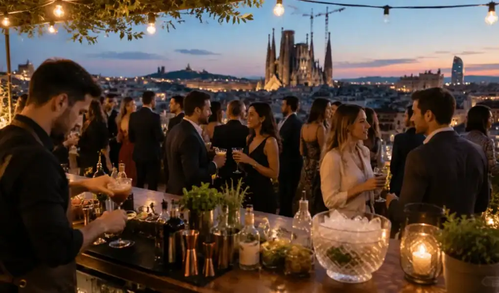 Evento gastronómico elegante con barra de cócteles