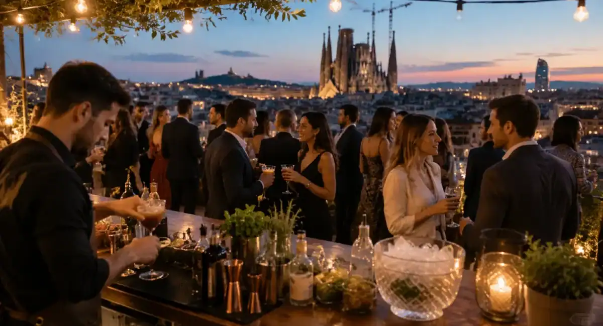 Evento gastronómico elegante con barra de cócteles