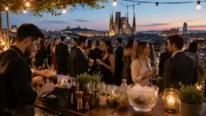 Evento gastronómico elegante con barra de cócteles