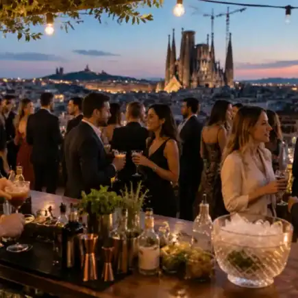 Evento gastronómico elegante con barra de cócteles