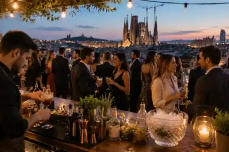 Evento gastronómico elegante con barra de cócteles