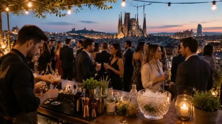 Evento gastronómico elegante con barra de cócteles