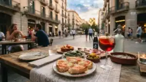 Terraza con vermut anchoas tan con tomate y pimientos en barcelona