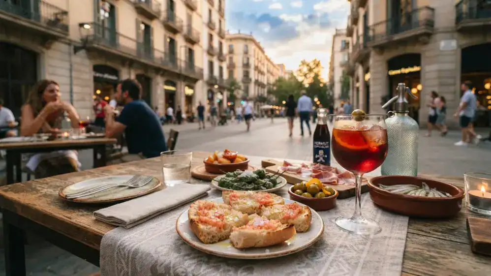 Terraza con vermut anchoas tan con tomate y pimientos en barcelona