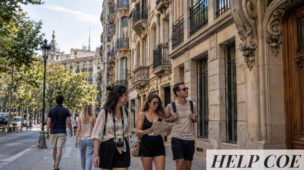 Grupo de turistas caminando por Barcelona con mapa en mano.